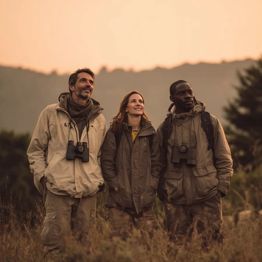 Three friends walking through a sunlit meadow
